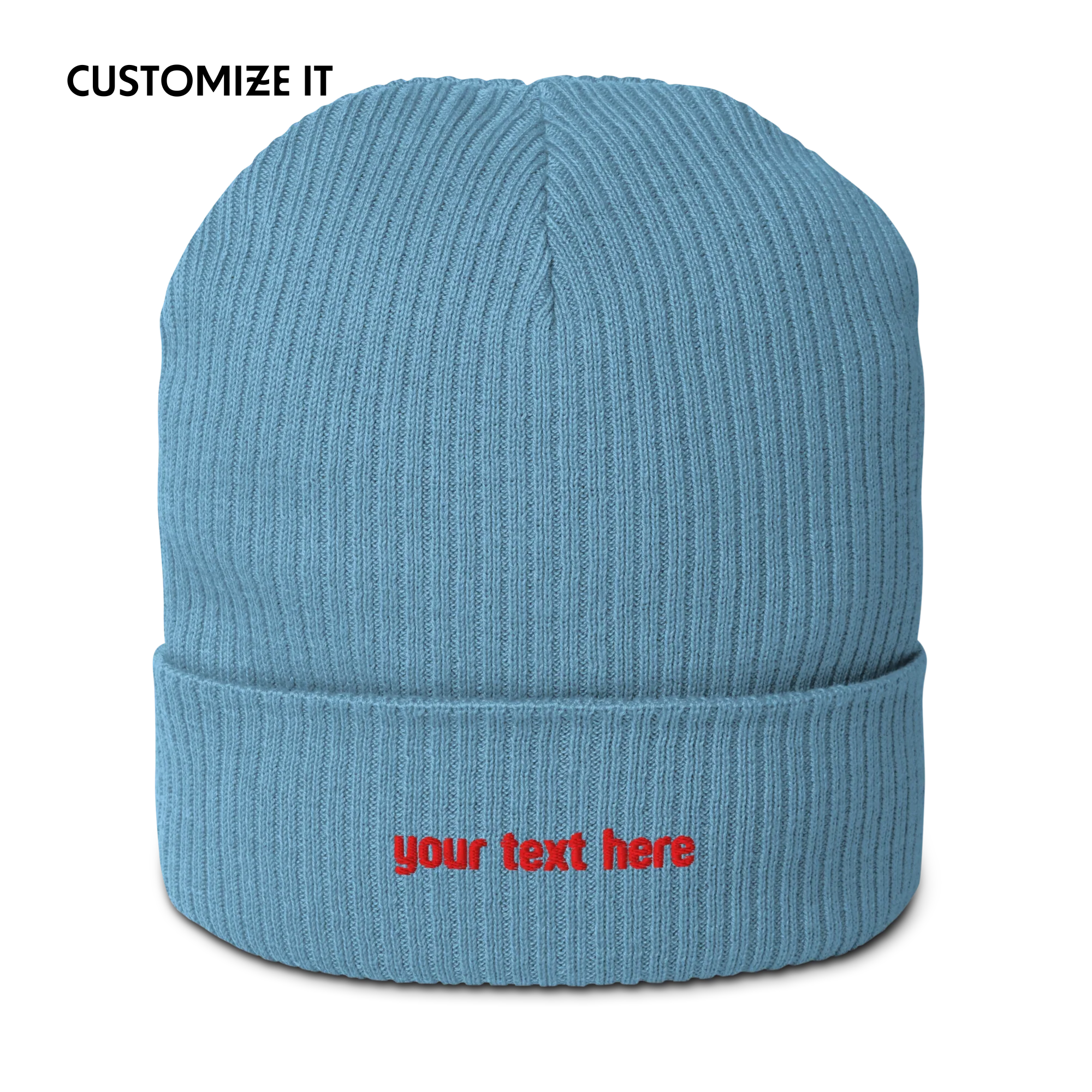 CUSTOM Text Red Embroidered Organic Ribbed Beanie