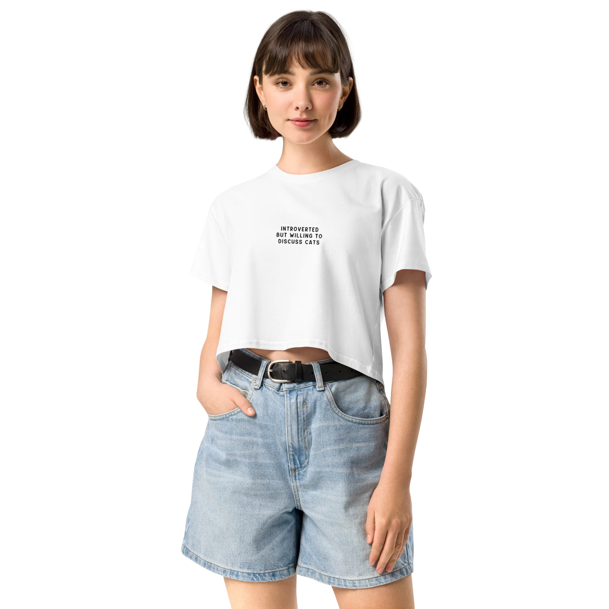 Introverted But Willing To Discuss Cats Embroidered Crop Tee - Image 5
